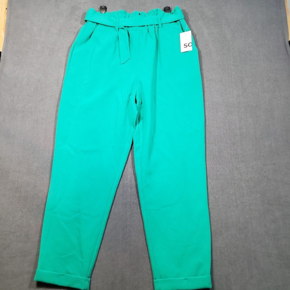 SO Paperbag Pant Womens XL Emerald Green High Rise Belted Tapered Cuffed NEW
